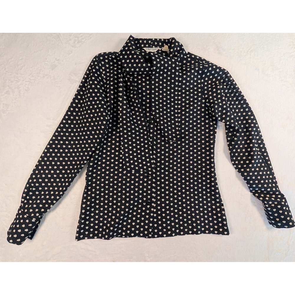 Vintage Ernst Strauss Schnell Sports Heart Print Tie Neck Blouse Navy size    10